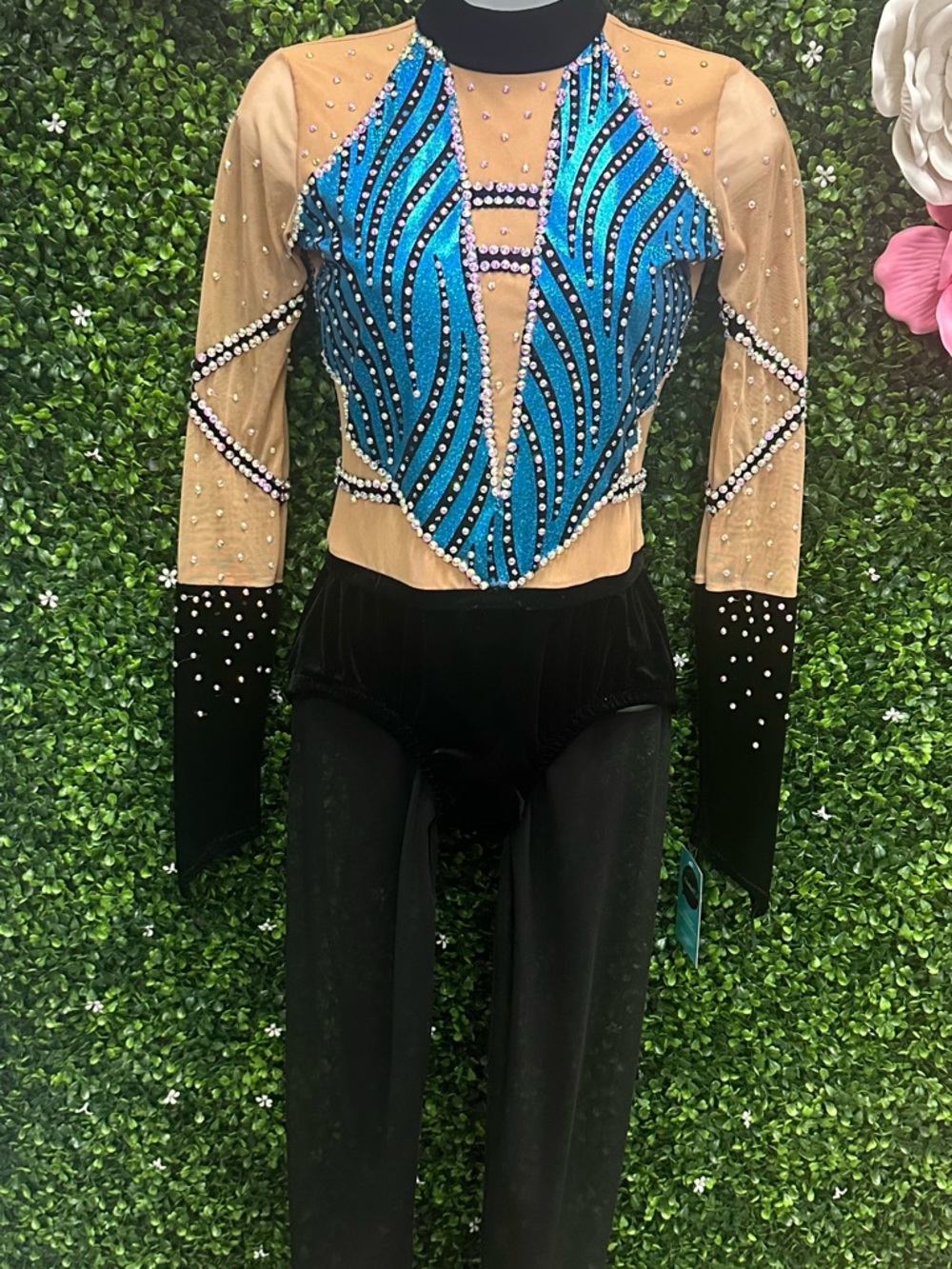 Custom Women's Blue and Nude Crystal Embellished Performance Unitard